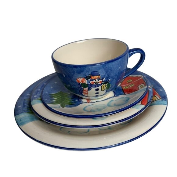 Snowman Christmas Ceramic Dinnerware Set 4-Piece Handcrafted Plate Bowl Cup Holi - Picture 1 of 7